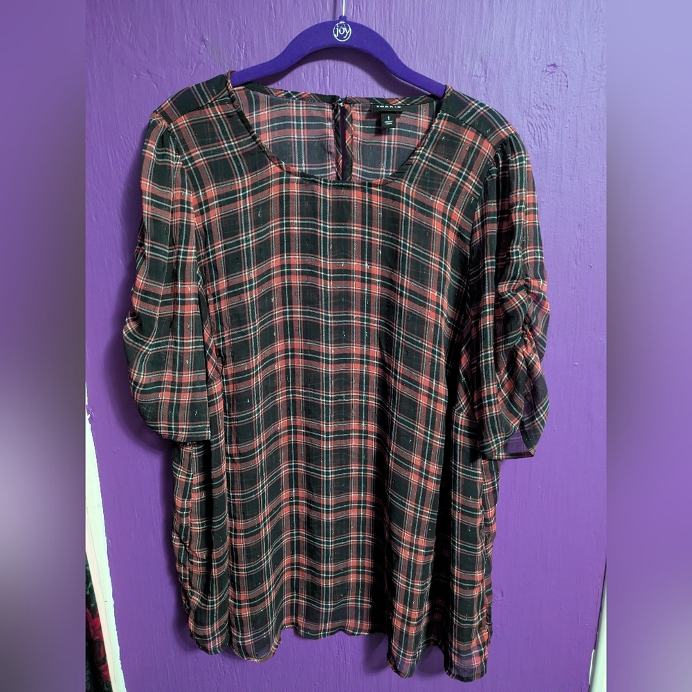 Torrid Chiffon Black Pink Sparkle Plaid Ruched Sleeve Sheet Blouse 1X 14 16 - Picture 3 of 5